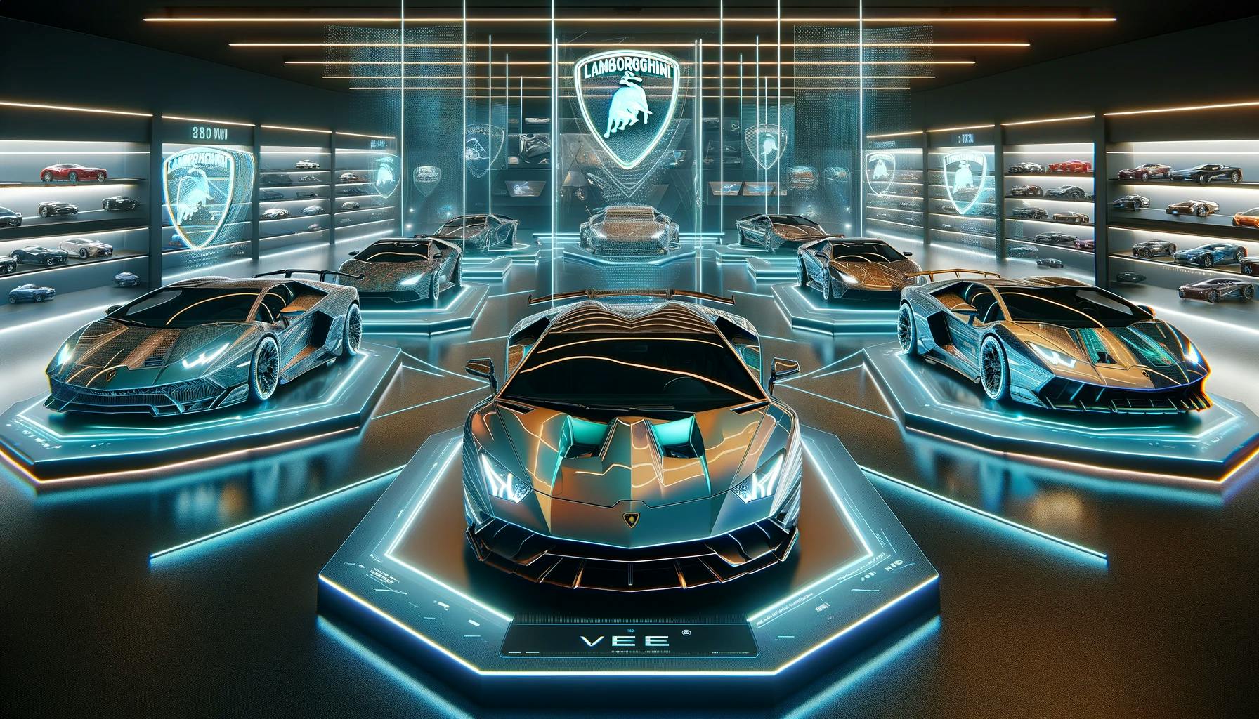 DALL·E 2024-02-15 11.29.31 - A futuristic showroom displaying Lamborghini-s premium NFT car collection, with sleek, high-end sports cars rendered in digital form. Each car shines