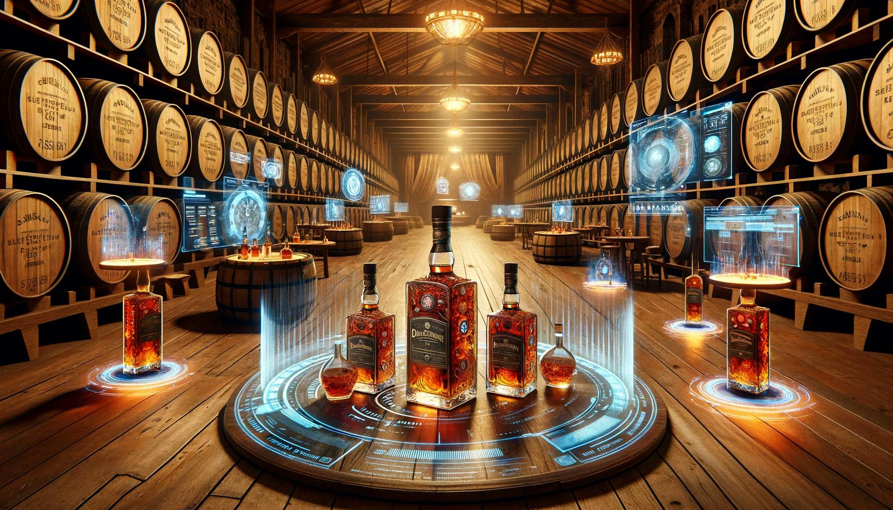 DALL·E 2024-02-15 11.25.24 - A sophisticated whiskey distillery room filled with oak barrels and a warm, inviting atmosphere. In the center, a display of rare whiskey bottles, eac