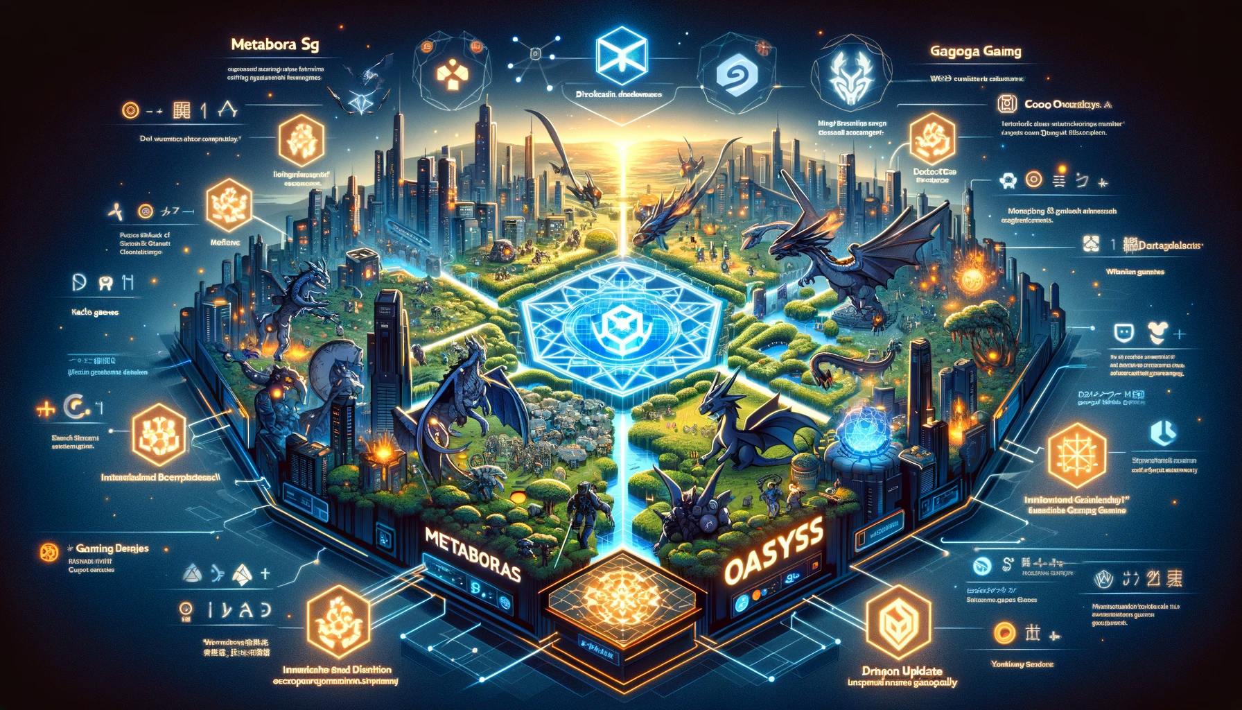 DALL·E 2024-02-23 12.45.13 - Visualize the strategic alliance between METABORA SG, a Web3 gaming division of Kakao Games, and Oasys, a blockchain platform focusing on gaming. Depi